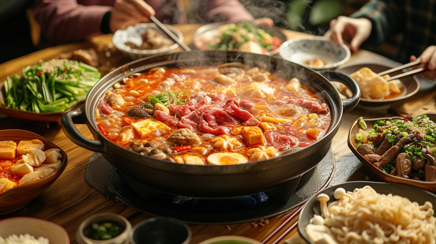A person gently lifting a piece of thinly sliced beef from a Sukiyaki pot with chopsticks, demonstrating the interactive and intimate experience of cooking and enjoying Sukiyaki with friends and family around a shared table.