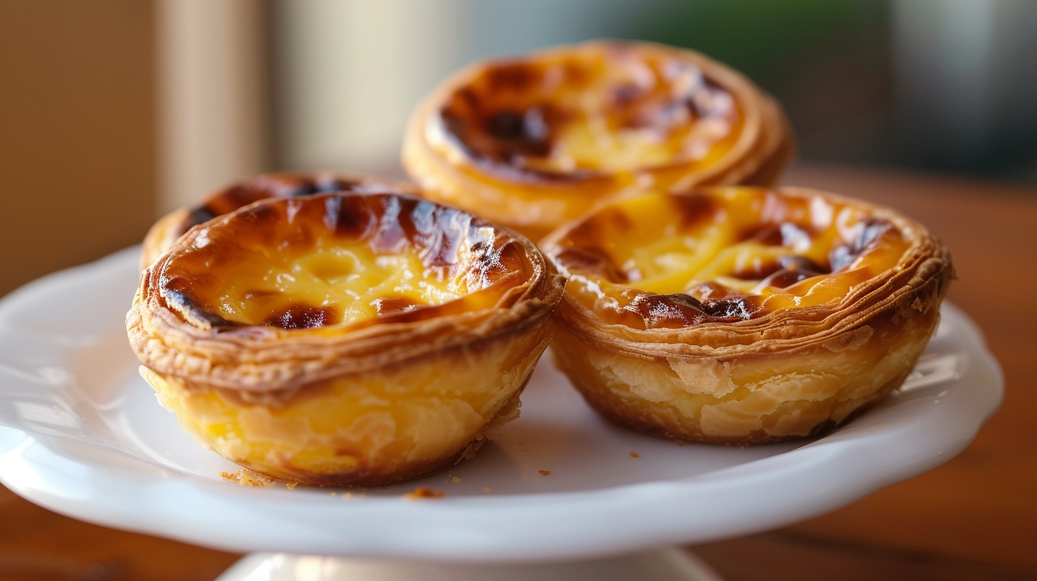 A mouth-watering image of freshly baked Pastel de Nata, featuring a golden-brown pastry shell filled with rich custard, on a rustic table with a sprig of cinnamon.