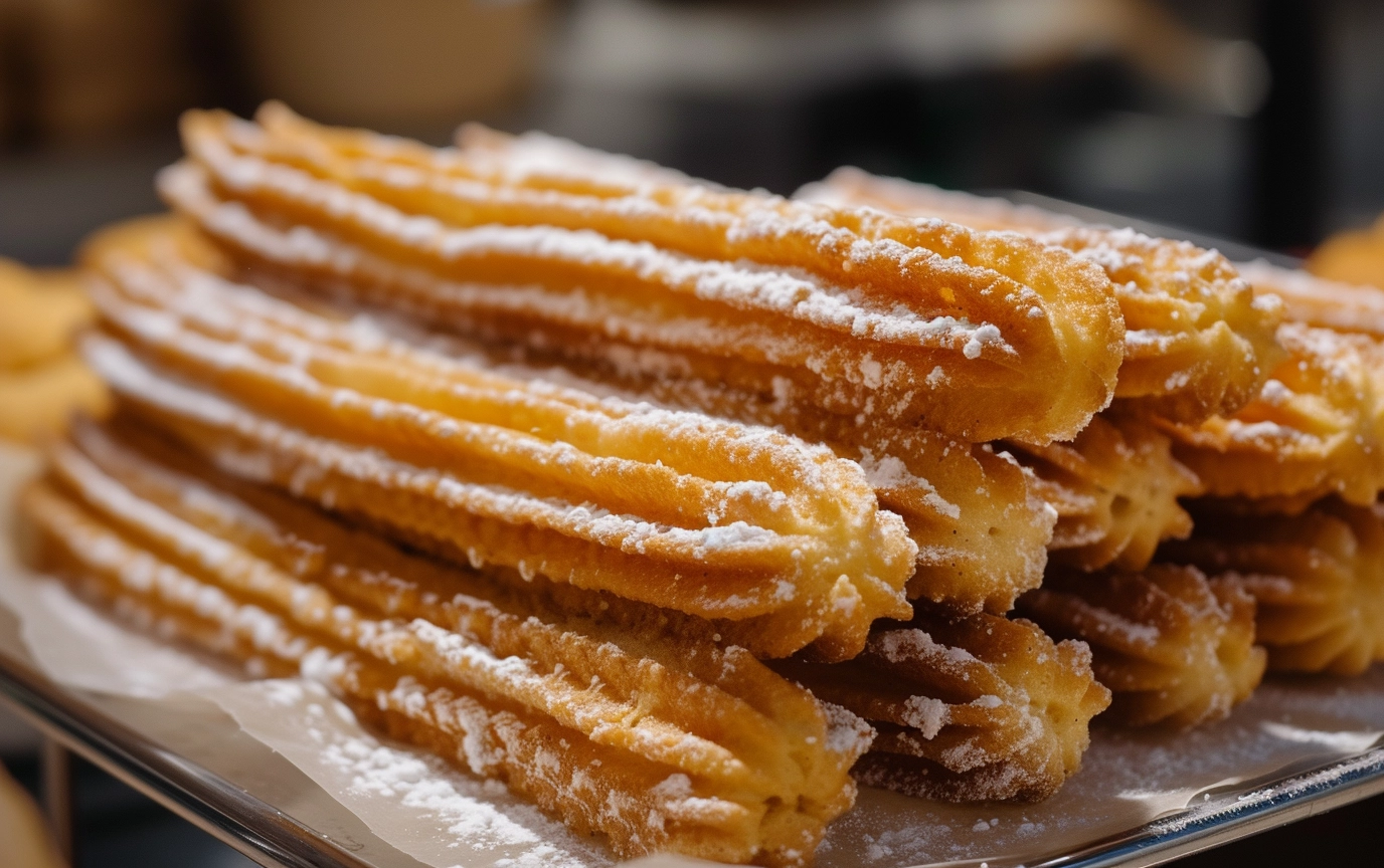 Close-up view of a hand holding a golden-brown churro, perfectly crispy on the outside and soft on the inside, dipped into a rich, velvety chocolate sauce, against a backdrop of a lively outdoor cafe.