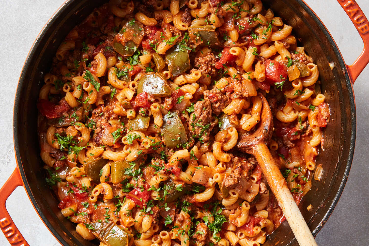 A pot of slow-cooked beef Goulash with rich broth and vegetables 